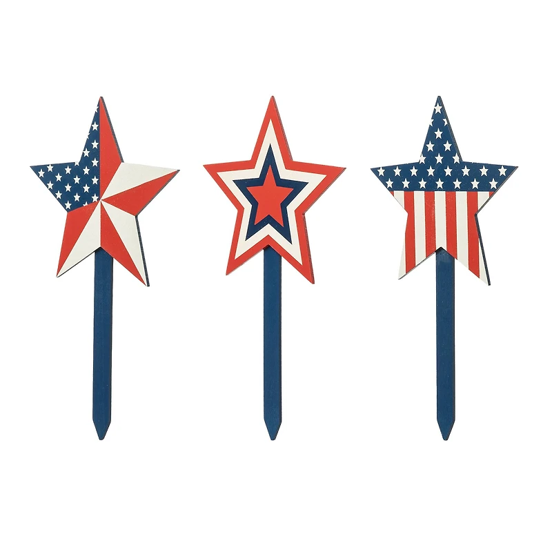 Glitzhome® Wood Patriotic Star Yard Stakes, 3ct.