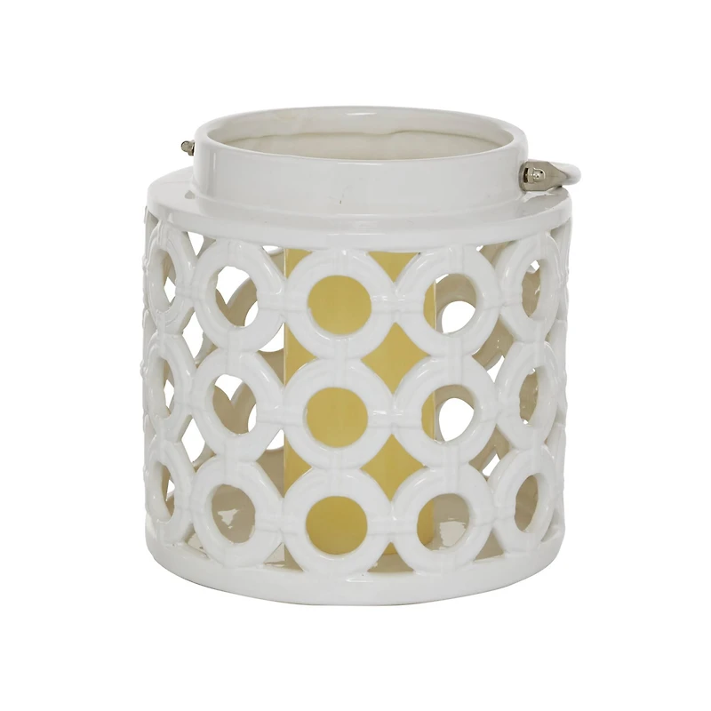 White Ceramic Contemporary Candle Holder Lantern, 8" x 8" x 9"