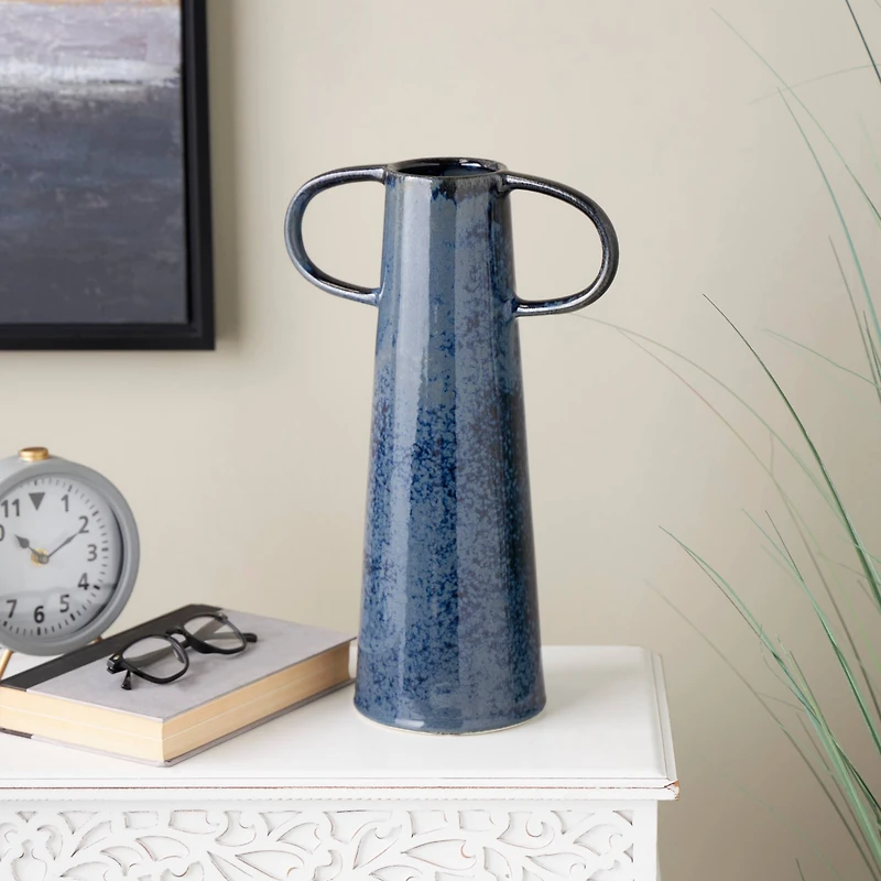 16" Dark Blue Ceramic Textured Cone Vase with Curved Handles