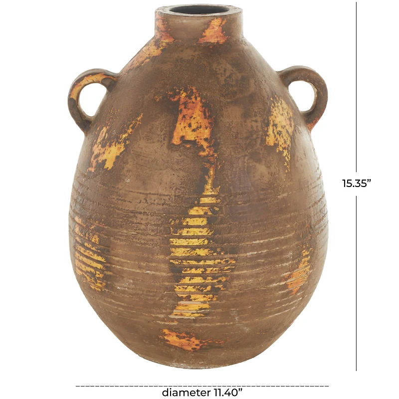 15.25" Brown Ceramic Antique Style Distressed Vase with Grooves & Handles