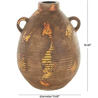 15.25" Brown Ceramic Antique Style Distressed Vase with Grooves & Handles