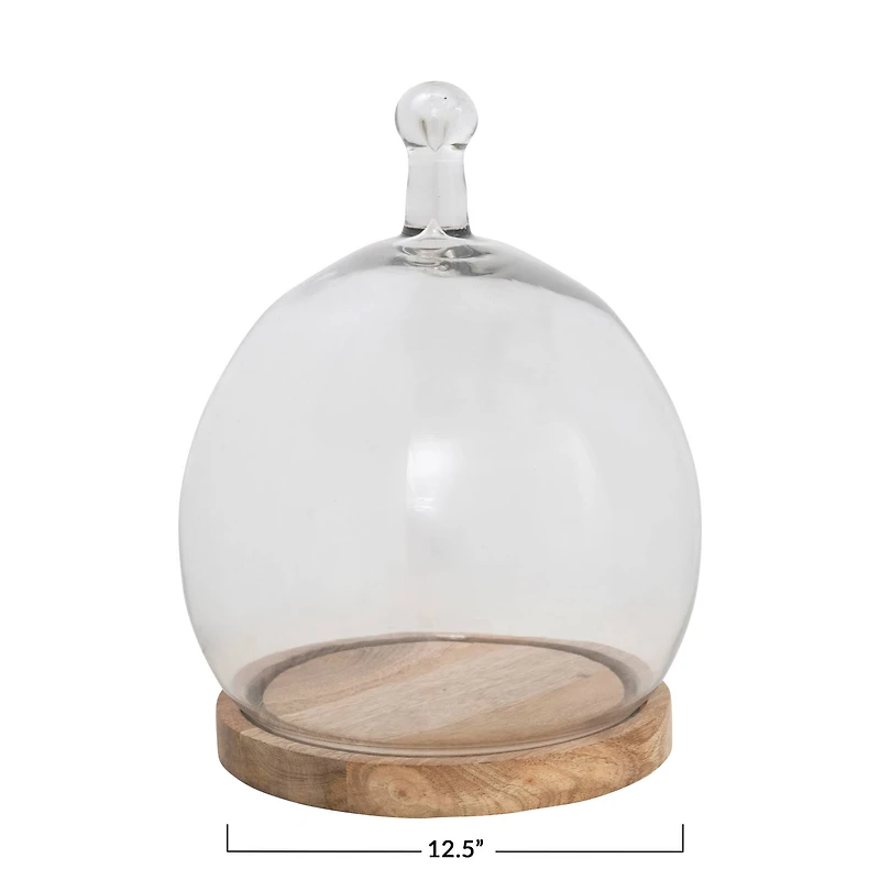 Hello Honey® 12.5" Glass Cloche with Handle & Mango Wood Base
