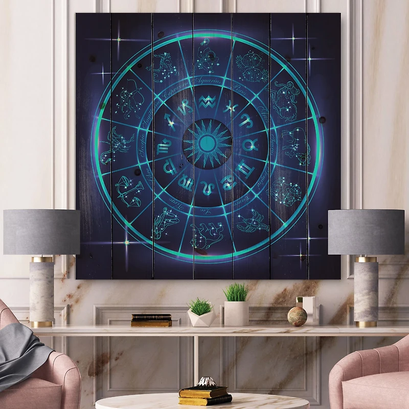 Designart - Neon Deep Blue Horoscope Circle With Zodiac Signs