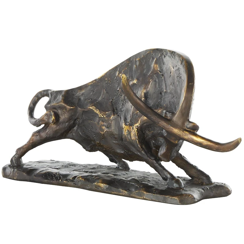 14.5" Black Polystone Bull Distressed Textured Decorative Sculpture with Gold Accents