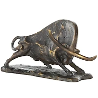 14.5" Black Polystone Bull Distressed Textured Decorative Sculpture with Gold Accents
