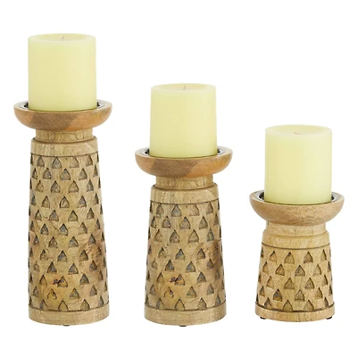Brown Mango Wood Natural Candle Holder Set