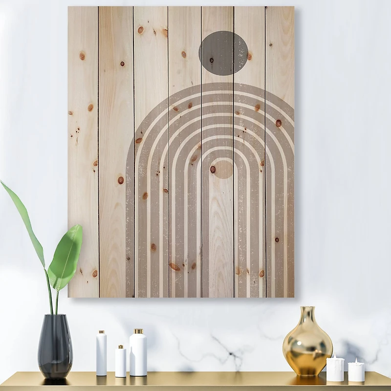 Designart - Abstract Rainbow Sun and Moon In Earth Tones I - Modern Print on Natural Pine Wood