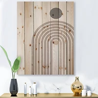 Designart - Abstract Rainbow Sun and Moon In Earth Tones I - Modern Print on Natural Pine Wood