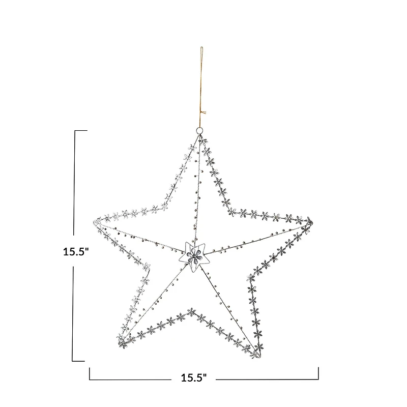 Hello Honey® 15.5" Silver Glass Beaded Metal Star Ornament with Jeweled Flowers