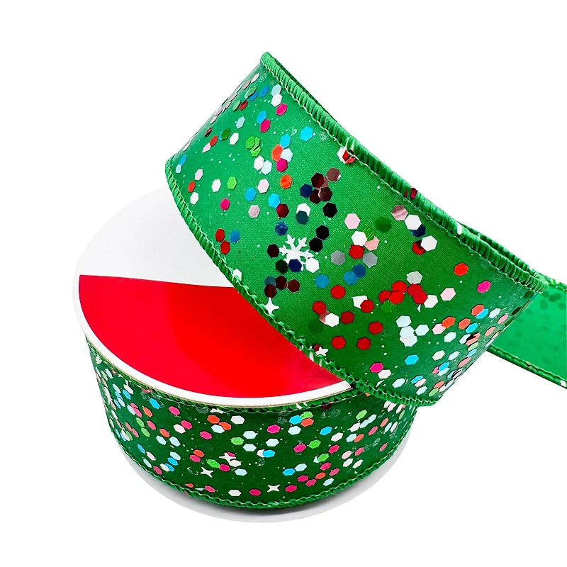 1.5" x 30ft. Green Confetti Wired Glitter Ribbon by Celebrate It®