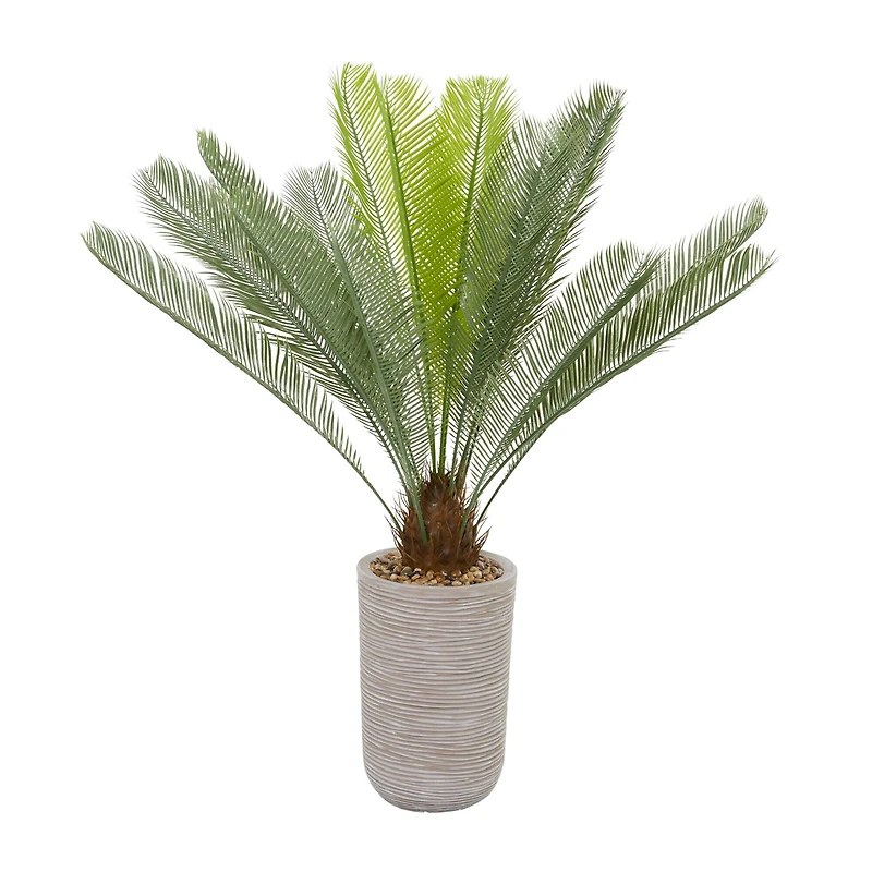 4ft. Green Sago Palm Faux Foliage Artificial Plant with Beige Ceramic Pot