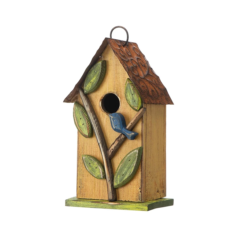 Glitzhome® 9.75" Yellow Distressed Bird & Tree Birdhouse