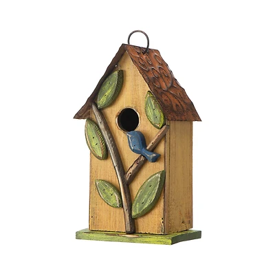 Glitzhome® 9.75" Yellow Distressed Bird & Tree Birdhouse