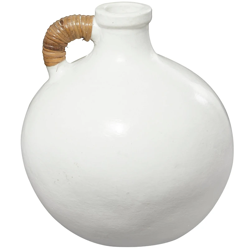 13" White Ceramic Jug Inspired Vase with Rattan Wrapped Handle