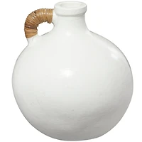 13" White Ceramic Jug Inspired Vase with Rattan Wrapped Handle