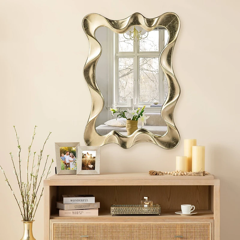 Glitzhome® 34.25" Modern Gold Foil Metal Frame Wavy Wall Mirror
