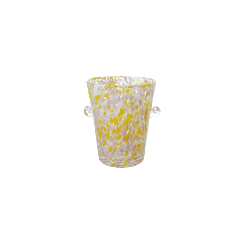 Hello Honey 2 Quart Hand-Blown Confetti Glass Ice Bucket with Handles, Yellow, Pink and White