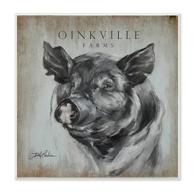 Stupell Industries Oinkville Farms Rustic Sign Pig Animal Black Hog,12" x 12"