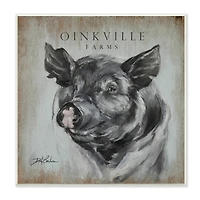 Stupell Industries Oinkville Farms Rustic Sign Pig Animal Black Hog,12" x 12"