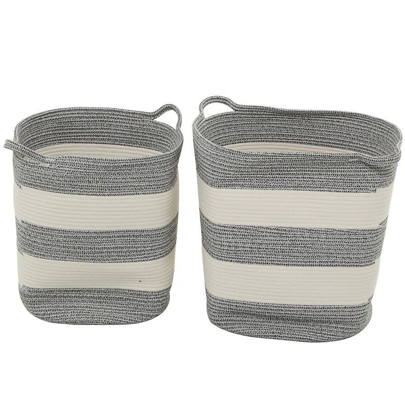Gray Cotton Handmade Striped Storage Basket with Handles Set of 2 19", 19"