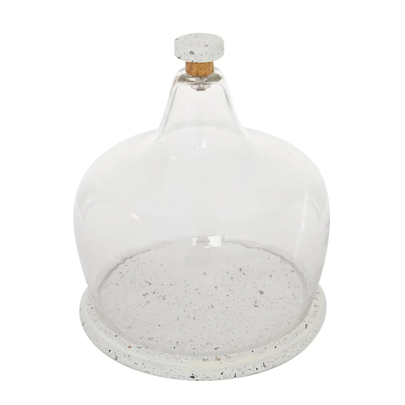 White Stoneware and Glass Contemporary Cake Stand with Cloche, 11" x 9" x 9"
