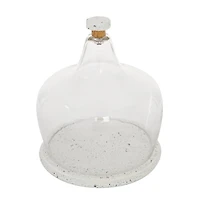White Stoneware and Glass Contemporary Cake Stand with Cloche, 11" x 9" x 9"