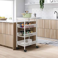 White 3-Tier Kitchen Storage Rolling Utility Cart with Wood Top