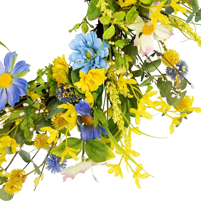 24" Yellow & Blue Daisy & Cosmos Floral Spring Wreath