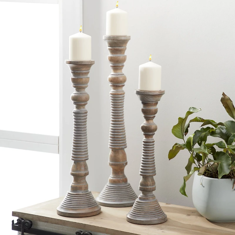 Light Gray Mango Wood Traditional Candle Holder Set