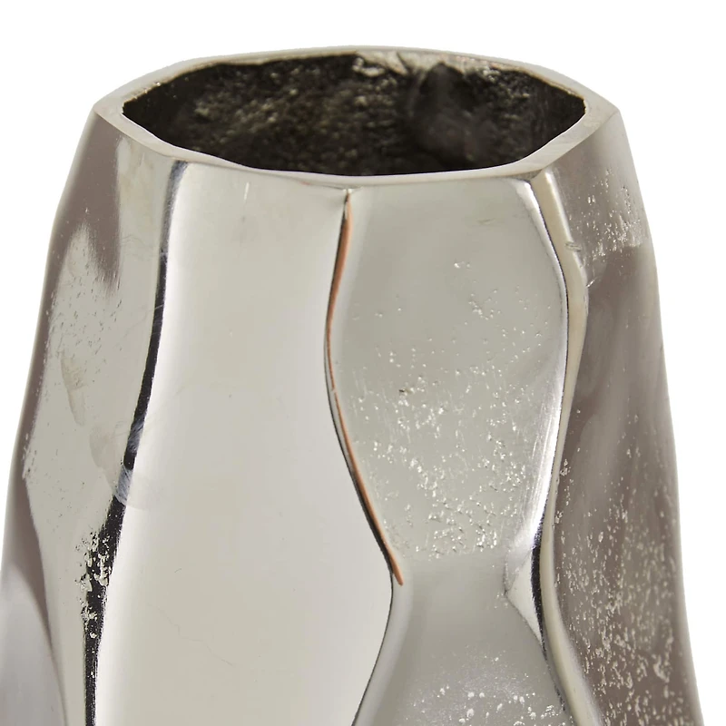 Contemporary Geometric-Style Metallic Silver Aluminum Vase, 12" x 5.7" x 5.4"