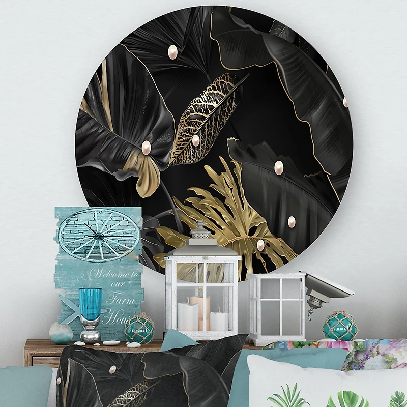 Designart - Black and Gold Tropical Leaves III