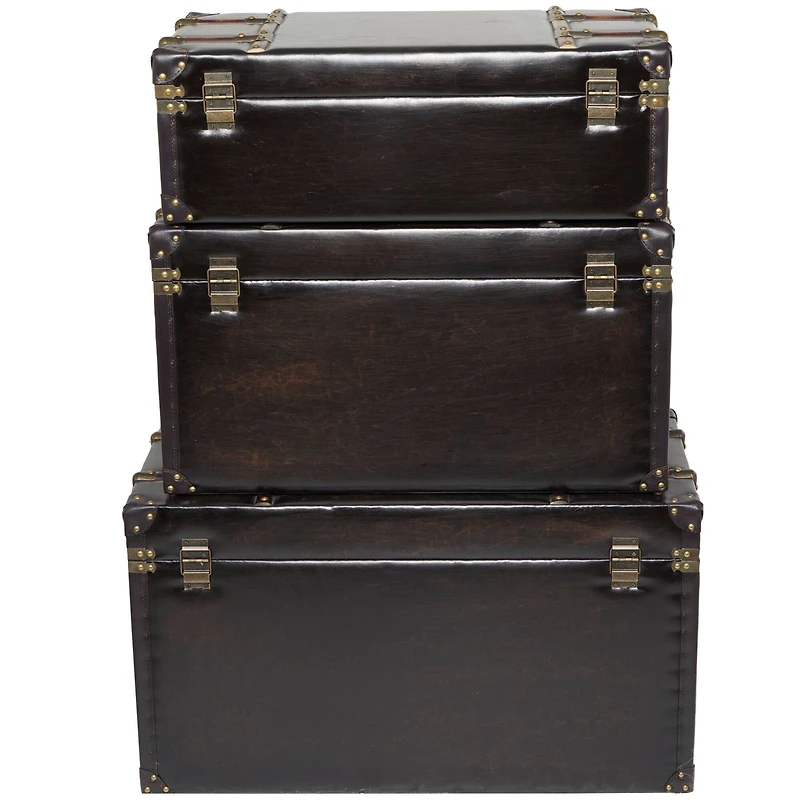 Dark Brown Faux Leather Studded Trunk with Latches & Handles Set