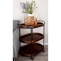 3-Tier Brown Pine & Metal Traditional Bar Cart