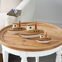 Brown & White Handmade Wood Boat Sculpture Set