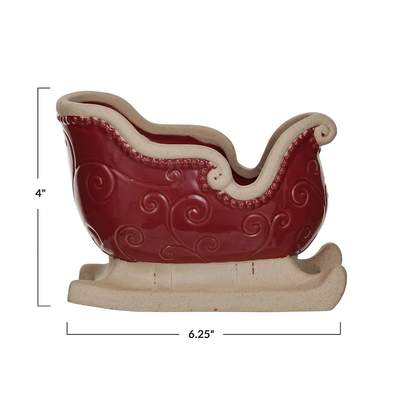 Hello Honey® 6.25" Unglazed & Red Debossed Scrollwork Stoneware Sleigh