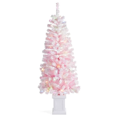 Glitzhome® 5ft Pre-Lit Flocked Pink Artificial Christmas Porch Tree, Multi-color LED Lights
