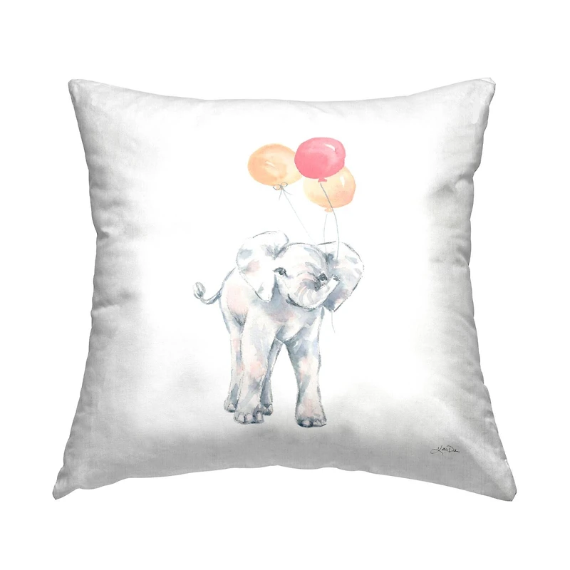 Stupell Industries Baby Elephant Holding Balloons Casual Wildlife Animal Throw Pillow, 18" x 18"