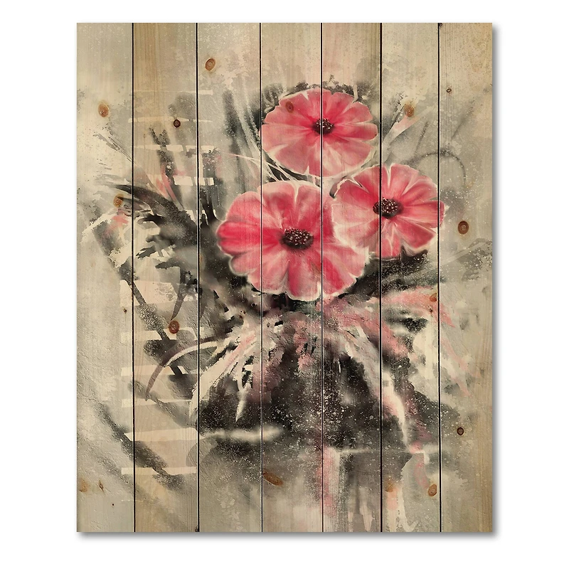 Designart - Abstract Red Flowers On Gray - Traditional Print on Natural Pine Wood