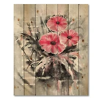 Designart - Abstract Red Flowers On Gray - Traditional Print on Natural Pine Wood