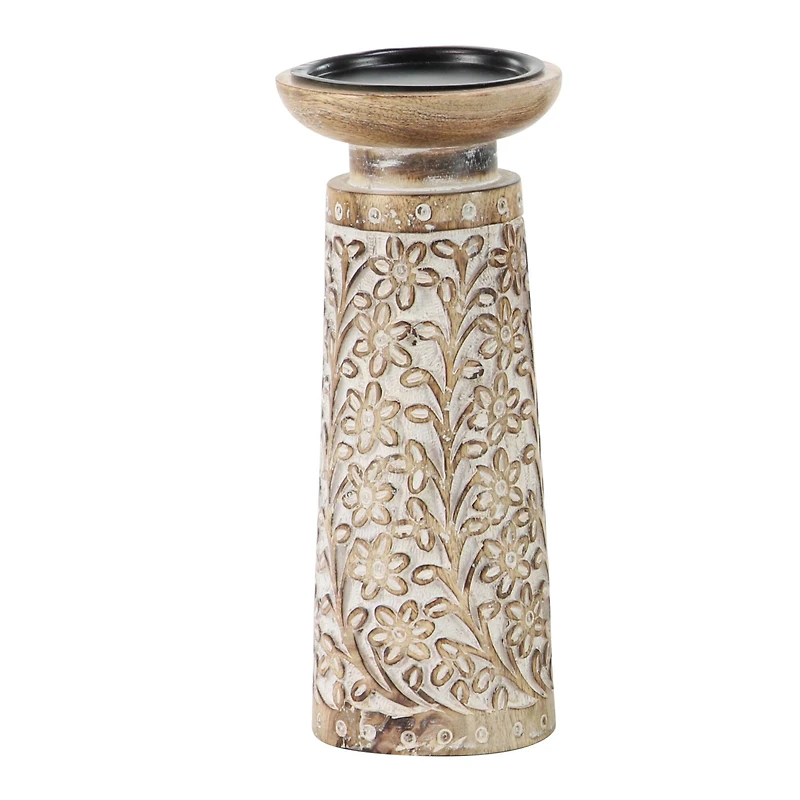 Brown & White Mango Wood Floral Candle Holder Set