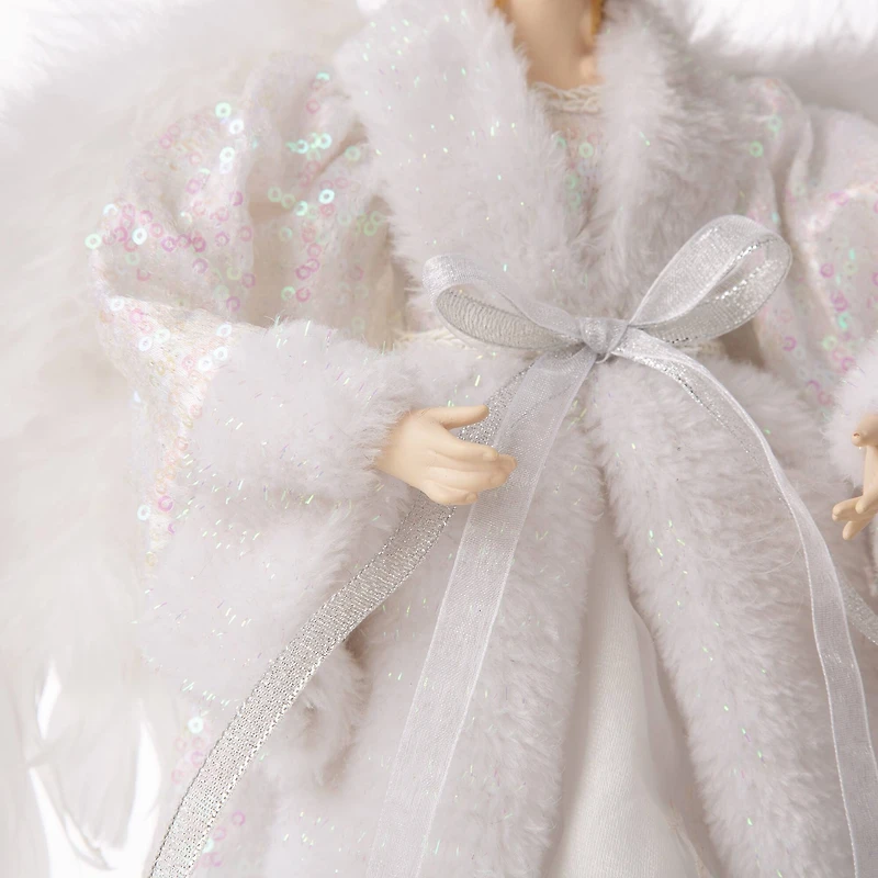 Glitzhome® 16" White Faux Fur Christmas Angel Tree Topper