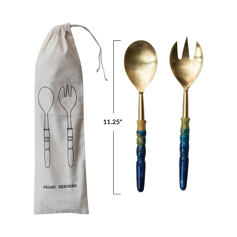 Hello Honey 2-Piece Stainless Steel Salad Servers with Marbled Resin Handles, Gold Finish and Blue