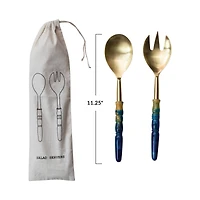 Hello Honey 2-Piece Stainless Steel Salad Servers with Marbled Resin Handles, Gold Finish and Blue