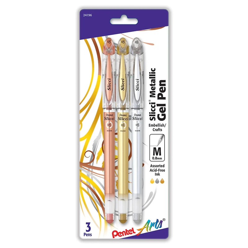 Pentel Arts® Slicci® 0.8mm Needle Tip Metallic Gel Pen 3 Set
