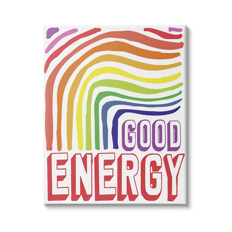 Stupell Industries Good Energy Phrase Abstract Rainbow Waves Bold Typography Canvas Wall Art