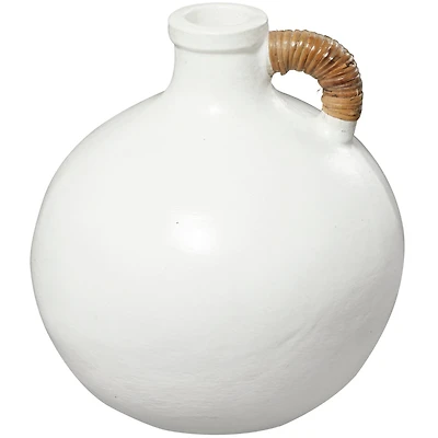 13" White Ceramic Jug Inspired Vase with Rattan Wrapped Handle