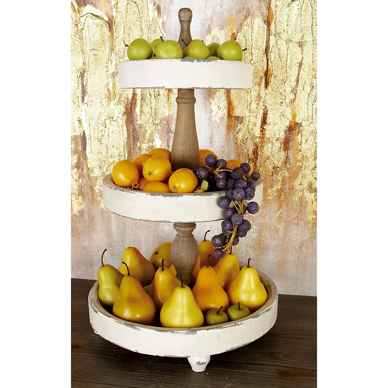 25" White Farmhouse Wood 3-Tier Tray Stand