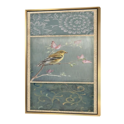 Designart - Farmhouse Triptych of Blue Ornaments And Chickadee Goldfinch