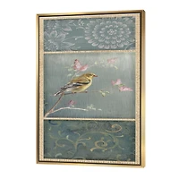 Designart - Farmhouse Triptych of Blue Ornaments And Chickadee Goldfinch