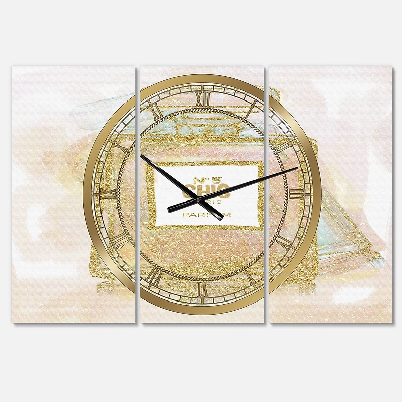 Designart Nr 5 Chic Paris Parfum Fashion 3 Panel Large Wall Clock